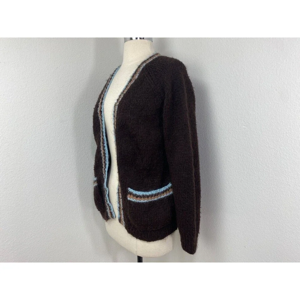 Vintage Hand Knit Brown Wool Open Front Cardigan Mohair Blue Trim Pockets S/M